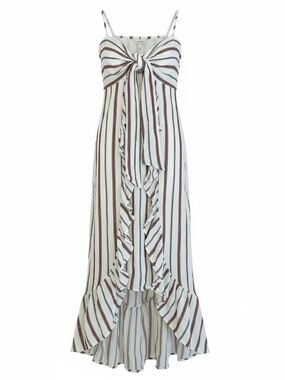 Striped Tie Front Midi Dress Ruffle Hem Boho Cottagecore Sundress S